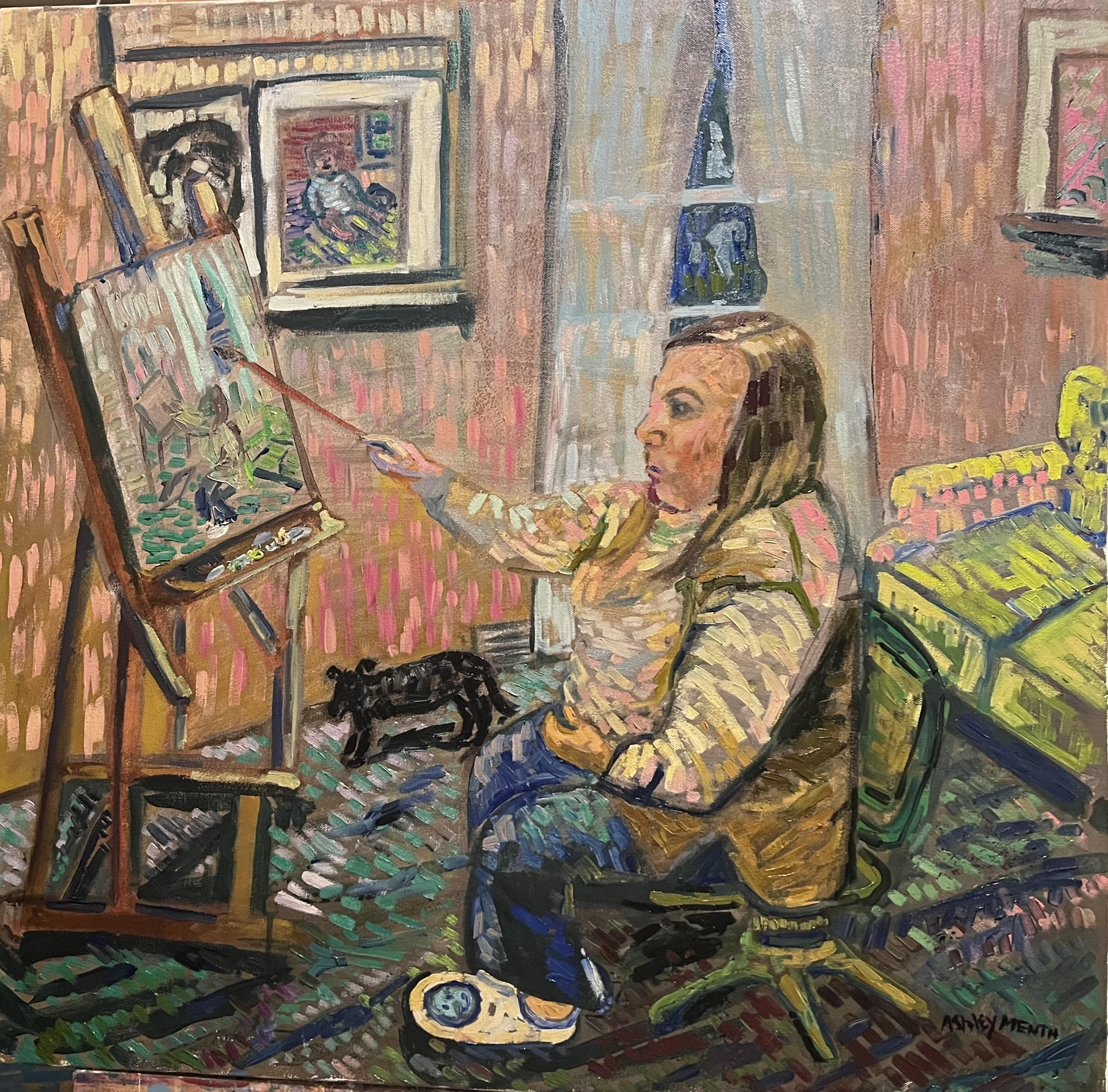 Midlife artist painting at night- in slippers